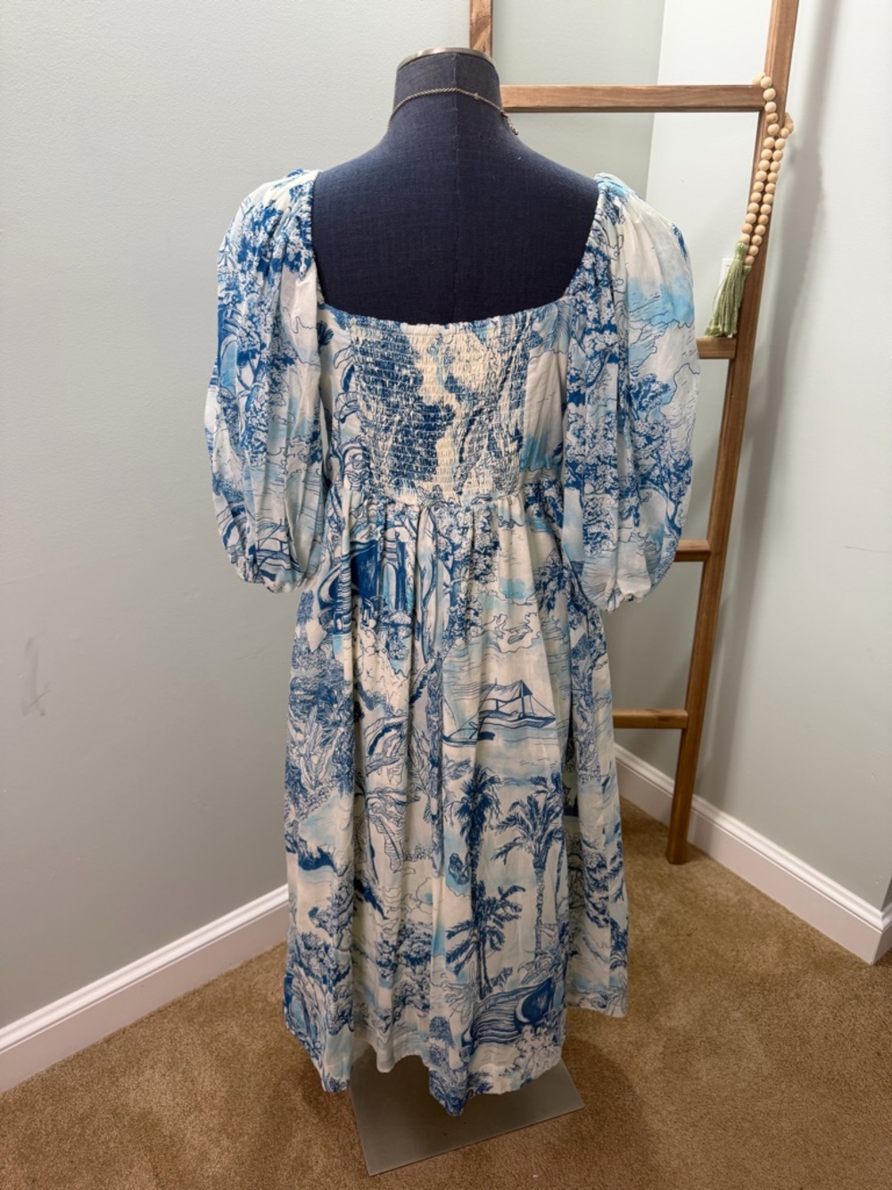 Mestiza Blue White Palm Toile New York Delphine Puff Sleeve Dress Size Large - Picture 5 of 11